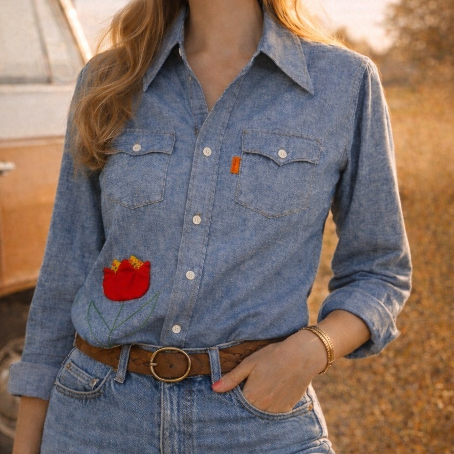 Vintage Levi's Orange Tab Chambray Shirt Upcycled Folk Art Ooak Usa 13/14 S M